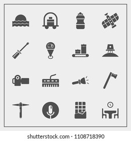 Modern, simple vector icon set with spanner, home, planet, family, tool, voice, equipment, keyboard, record, bottle, bellboy, shine, music, light, lamp, sound, space, chocolate, food, table, sun icons