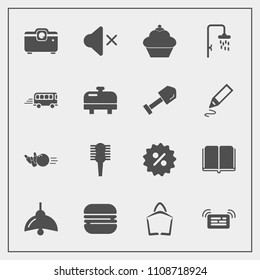 Modern, simple vector icon set with hair, bus, book, lamp, bowling, doughnut, message, transport, burger, sweet, beauty, road, bath, library, education, notification, cheeseburger, mute, , sport icons