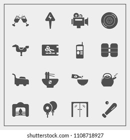 Modern, simple vector icon set with wheel, play, lawn, drink, decoration, auto, warm, dinner, kitchen, equipment, energy, automobile, car, tire, christmas, celebration, entrance, mower, fire icons