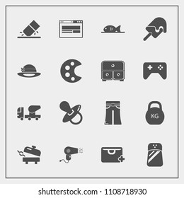 Modern, simple vector icon set with heater, water, cement, equipment, child, web, hairdryer, infant, construction, erase, fashion, concrete, female, weight, salt, dessert, heavy, ice, eraser icons