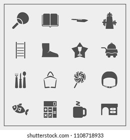 Modern, simple vector icon set with helmet, textbook, spoon, object, book, finance, sale, lollipop, library, accounting, seafood, hot, award, knife, office, ladder, desk, cup, bag, belt, tennis icons