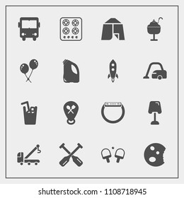 Modern, simple vector icon set with transportation, sweet, vehicle, outdoor, time, kitchen, game, tennis, interior, smart, food, lamp, water, doughnut, gas, tent, canoe, boat, table, juice, bus icons