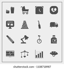 Modern, simple vector icon set with hygiene, watch, child, circus, mouthwash, pram, sale, toy, sugar, data, bed, cafe, cart, bike, ecommerce, minute, business, mouth, newborn, mobile, hour, fan icons