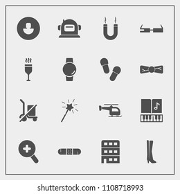 Modern, simple vector icon set with shipping, sign, science, astronaut, energy, architecture, health, sound, magnet, wand, medicine, time, note, music, watch, alcohol, send, scale, house, smart icons