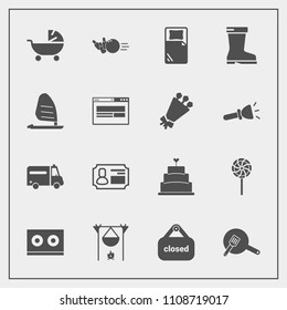 Modern, simple vector icon set with footwear, fashion, lollipop, child, business, fun, food, dessert, banner, campfire, music, store, ambulance, stroller, hot, leather, hospital, shop, kid, pie icons