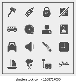Modern, simple vector icon set with time, airplane, axe, up, transportation, wind, cutter, health, plane, furniture, flight, heavy, clock, speed, kilogram, travel, dvd, clean, disk, brush, chief icons