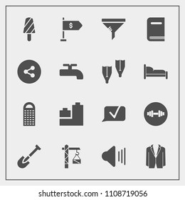 Modern, simple vector icon set with filter, finance, media, service, up, tool, cooking, chat, construction, kitchen, dessert, audio, gym, education, library, sign, location, suit, grater, book icons