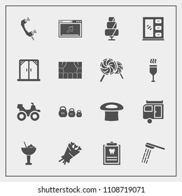 Modern, simple vector icon set with floral, beautiful, road, travel, cake, food, dentistry, furniture, music, glass, patient, shower, extreme, doughnut, blossom, dentist, kilogram, cocktail, bar icons