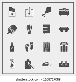 Modern, simple vector icon set with real, sky, download, test, science, web, liquid, building, chocolate, dessert, projector, summer, present, bottle, spray, iron, cutlery, kite, fun, laboratory icons