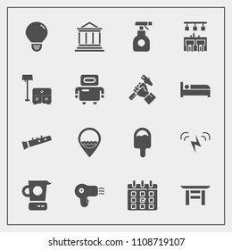 Modern, simple vector icon set with bar, bed, business, calendar, table, work, chemical, money, banking, hairdryer, job, travel, shrine, time, sprayer, ecology, chair, pesticide, day, torii, sun icons