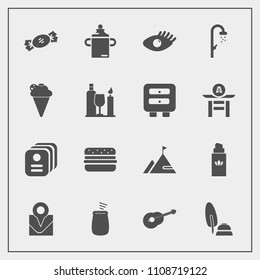 Modern, simple vector icon set with black, hamburger, map, music, aroma, card, element, travel, lollipop, percussion, guitar, ice, girl, health, identity, candy, plastic, nature, pen, beauty, id icons