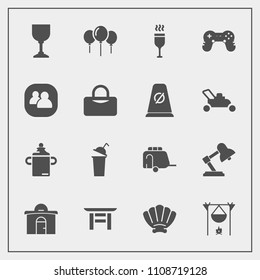 Modern, simple vector icon set with real, drink, plastic, campfire, group, bonfire, cup, house, flame, japan, table, building, celebration, torii, game, vehicle, beverage, lamp, seashell, train icons