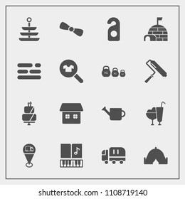 Modern, simple vector icon set with sweet, privacy, map, home, camp, transport, template, delivery, sound, musical, note, dessert, cargo, table, house, cream, plant, gardening, cake, equipment icons