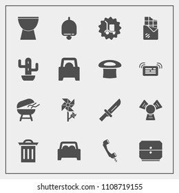 Modern, simple vector icon set with cargo, musical, delivery, dessert, drawer, recycle, chocolate, cold, spring, food, dinner, waste, barbecue, restaurant, plant, garbage, cutlery, bell, package icons