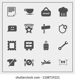 Modern, simple vector icon set with equipment, write, tool, chief, clothes, shirt, business, spanner, drink, airplane, luggage, hammer, face, clothing, store, border, chat, spoon, plane, picture icons