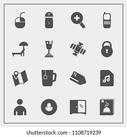Modern, simple vector icon set with road, avatar, computer, seasoning, music, cabinet, price, home, business, communication, travel, spice, map, zoom, furniture, pepper, food, boy, human, glass icons