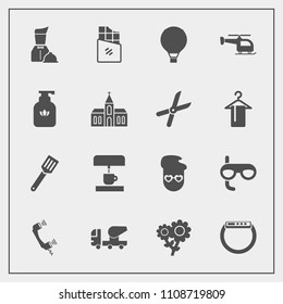 Modern, simple vector icon set with pan, concrete, sweet, equipment, parachuting, gadget, parachute, fashion, telephone, graphic, machine, cement, smart, food, waiter, hipster, style, chocolate icons