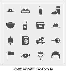 Modern, simple vector icon set with transport, equipment, call, document, ball, ring, lollipop, west, immigration, liquid, alarm, cowboy, hat, flag, belt, football, bed, bell, food, glass, game icons