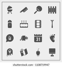 Modern, simple vector icon set with leisure, cutlery, calendar, technology, charger, grill, table, fiction, power, time, small, internet, road, ping, energy, location, food, meat, foot, child icons