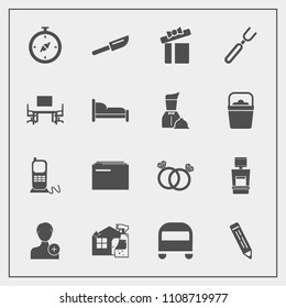 Modern, simple vector icon set with human, communication, scan, add, member, present, holiday, romance, housework, cutlery, file, engagement, knife, account, diamond, celebration, spoon, paper icons