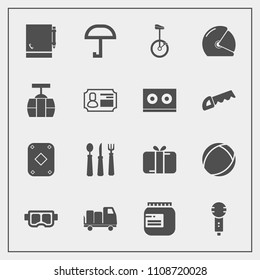 Modern, simple vector icon set with present, sea, page, summer, bike, circus, song, cable, truck, umbrella, jar, biker, delivery, play, music, spoon, glass, train, food, gift, holiday, voice icons