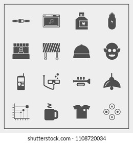 Modern, simple vector icon set with telephone, play, light, lamp, grocery, store, dental, sound, scuba, clothing, business, fashion, vintage, trumpet, game, diagram, fun, new, mouthwash, cup icons