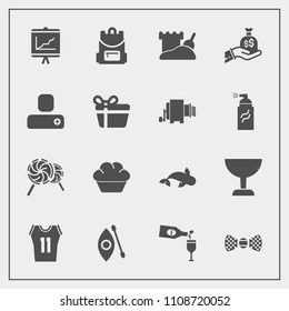 Modern, simple vector icon set with basketball, kayak, finance, drink, dessert, social, human, annual, sand, white, business, sweet, sea, tie, activity, money, search, tower, report, doughnut icons