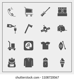 Modern, simple vector icon set with wine, delivery, bag, food, retail, store, phone, grocery, repair, warehouse, ice, market, pepper, supermarket, trolley, music, screwdriver, construction, cart icons