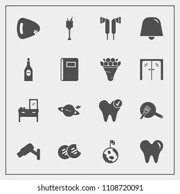 Modern, simple vector icon set with saturn, earth, kitchen, music, book, cooking, page, cookie, pan, red, wine, nature, furniture, bucket, security, sign, notification, home, interior, audio icons