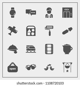 Modern, simple vector icon set with drink, love, film, flame, waiter, food, man, store, open, male, watch, bird, teapot, talk, bar, shop, transport, gadget, time, speech, transportation, boy icons