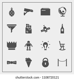 Modern, simple vector icon set with globe, exotic, file, dessert, document, fresh, bulb, luxury, technology, energy, fruit, crown, robot, planet, pineapple, cream, tie, electricity, king, bow icons