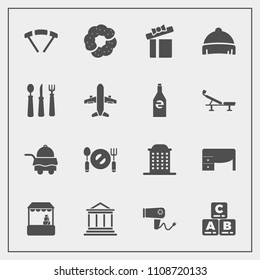 Modern, simple vector icon set with business, gift, office, blow, money, food, toy, table, hair, architecture, spoon, desk, parachuting, hairdryer, grocery, jump, play, house, room, present, sky icons