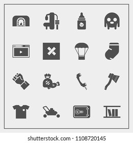 Modern, simple vector icon set with alien, white, equipment, safe, concept, christmas, monster, candy, exercise, lawn, human, nutrition, communication, shirt, gym, library, hand, fire, finance icons