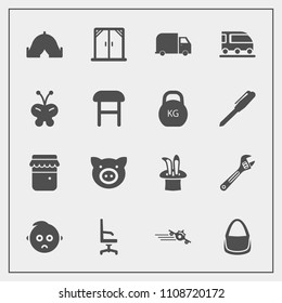 Modern, simple vector icon set with child, transport, interior, animal, glass, tool, departure, jam, honey, jar, modern, outdoor, armchair, equipment, flight, cute, sad, pig, kid, fashion, chair icons