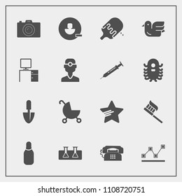 Modern, simple vector icon set with stats, cream, star, photo, animal, remove, bowling, health, photography, sign, science, ice, stroller, sport, baby, work, sweet, shovel, pram, ball, test icons