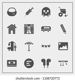 Modern, simple vector icon set with ufo, button, cassette, space, sport, flag, dentist, fiction, tape, school, sign, happy, picture, culture, menu, umbrella, clinic, photo, rucksack, bag, object icons