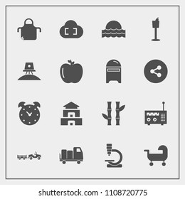 Modern, simple vector icon set with bamboo, spaceship, holder, hour, nature, biology, sunrise, astronaut, carriage, research, cook, light, radio, clock, kitchen, watch, microscope, culture, sun icons