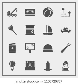 Modern, simple vector icon set with cassette, road, hat, grocery, market, supermarket, street, medical, store, sign, travel, food, wedding, jump, bride, light, parachuting, groom, truck, spoon icons