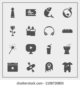 Modern, simple vector icon set with percussion, wand, river, activity, media, baby, kid, drink, seafood, space, white, fish, kayak, monster, clothes, king, chess, cup, star, sign, coupon, food icons