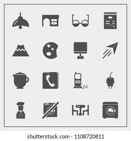 Modern, simple vector icon set with drink, electricity, communication, mountain, energy, stationary, machine, hot, internet, tea, charger, sign, power, telephone, food, eye, chief, eyeglasses icons