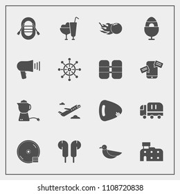 Modern, simple vector icon set with city, wildlife, astronomy, ice, airplane, cargo, spring, comet, nature, bird, travel, departure, food, cd, teapot, architecture, ship, transport, tea, audio icons