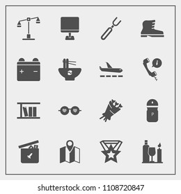 Modern, simple vector icon set with drink, bear, knife, location, salt, play, law, ball, spoon, library, style, floral, justice, seasoning, alcohol, pc, dinner, computer, food, glasses, book icons