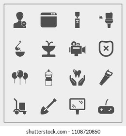 Modern, simple vector icon set with game, warehouse, toilet, saw, user, birthday, banner, road, avatar, account, browser, delivery, shovel, white, decoration, website, tool, sign, water, dental icons