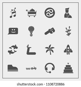 Modern, simple vector icon set with footwear, fish, sport, nature, audio, dessert, parachute, musical, gym, smile, mon, sea, note, japan, fitness, waiter, face, craft, seafood, rocket, music icons