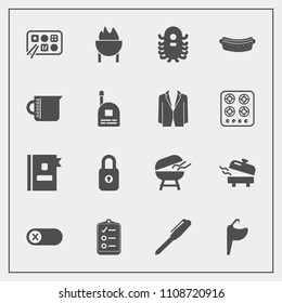 Modern, simple vector icon set with tap, stationery, phone, monster, office, dinner, off, directory, space, checklist, pen, list, home, security, boiler, heater, sign, meat, book, restaurant icons