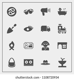 Modern, simple vector icon set with communication, bar, music, mon, japanese, table, loudspeaker, hot, fireplace, hat, flame, work, bath, id, west, drink, pub, beautiful, baby, geisha, card, art icons