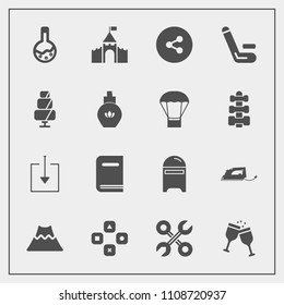 Modern, simple vector icon set with equipment, volcano, game, letter, drink, book, cricket, medicine, iron, electric, play, building, repair, red, fun, landscape, technology, education, mail icons