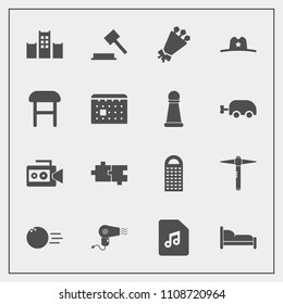 Modern, simple vector icon set with grater, hairdryer, camera, fun, note, sound, cooking, bouquet, equipment, ball, hammer, law, bedroom, sport, pin, interior, flower, vacation, kitchen, chair icons