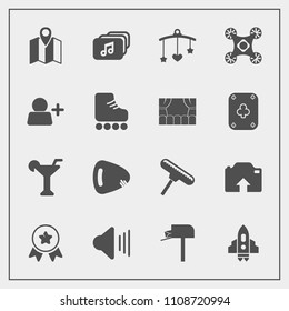 Modern, simple vector icon set with martini, camera, account, place, rocket, box, toy, post, pin, bed, upload, sound, sign, musical, music, guitar, message, craft, mobile, photo, first, mailbox icons