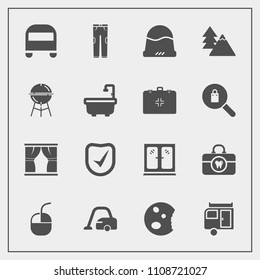 Modern, simple vector icon set with clean, sweet, domestic, dessert, brush, hat, transportation, trailer, cap, vacation, caravan, nature, housework, interior, care, security, hygiene, travel icons